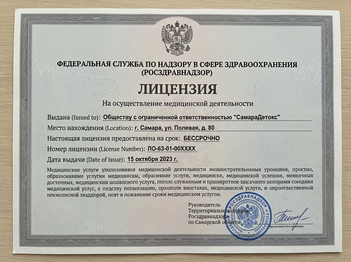 Лицензия на медицинскую деятельность клиники СамараДетокс, официальный документ Росздравнадзора, серый фон, синяя печать