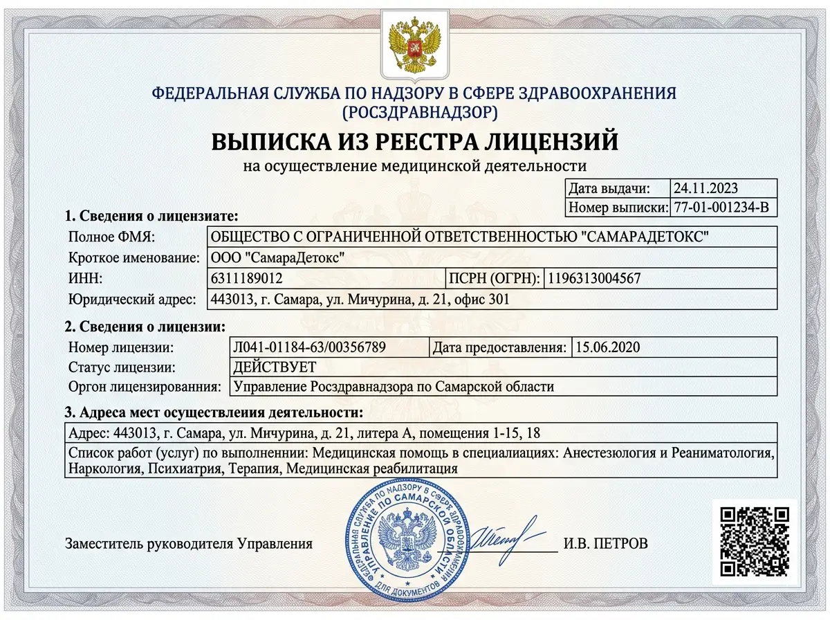 Выписка из реестра лицензий Росздравнадзора, официальный бланк с реквизитами клиники СамараДетокс, Самара